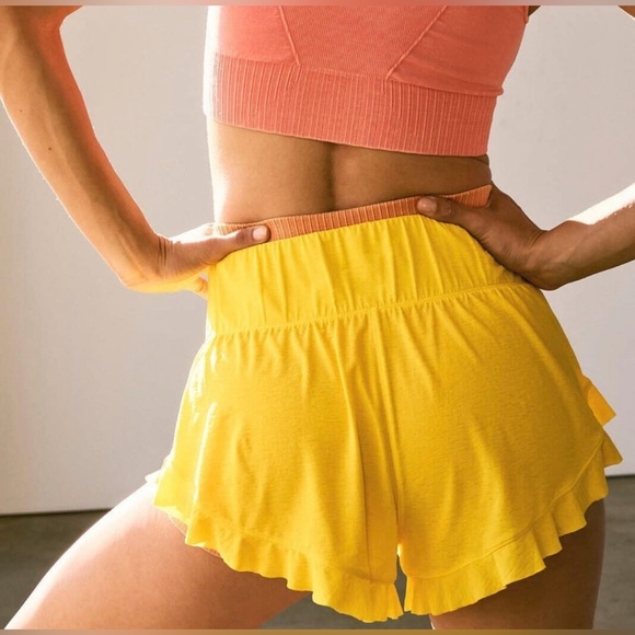 Free People Movement Featherweight Layering Ruffle Shorts Dandelion Neon Yellow - Picture 2 of 5